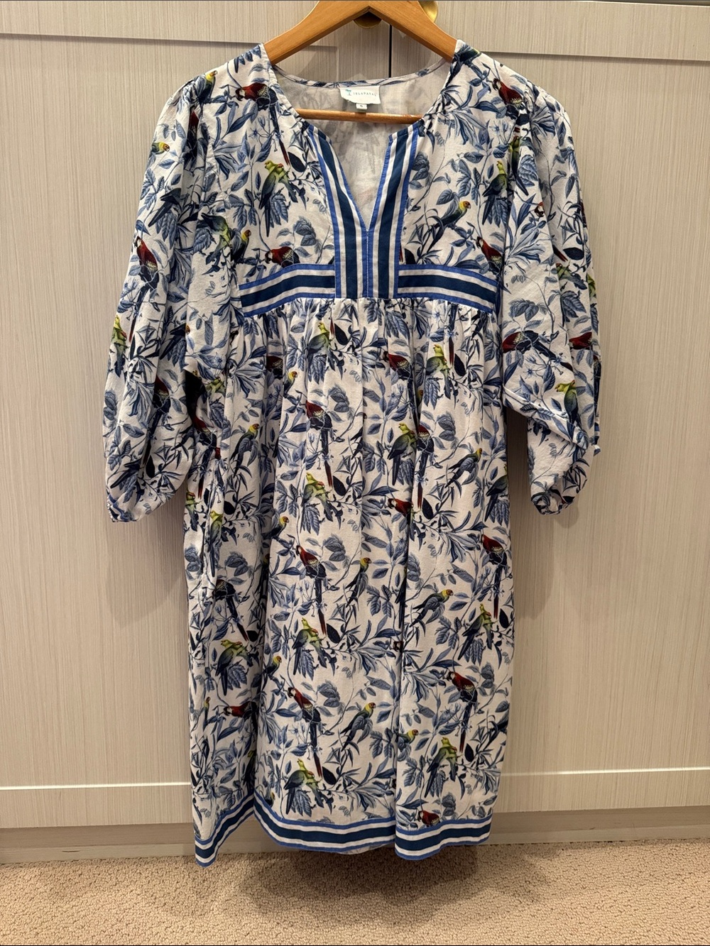 Blue Botanical & Bird Midi Dress with Stripe Trim